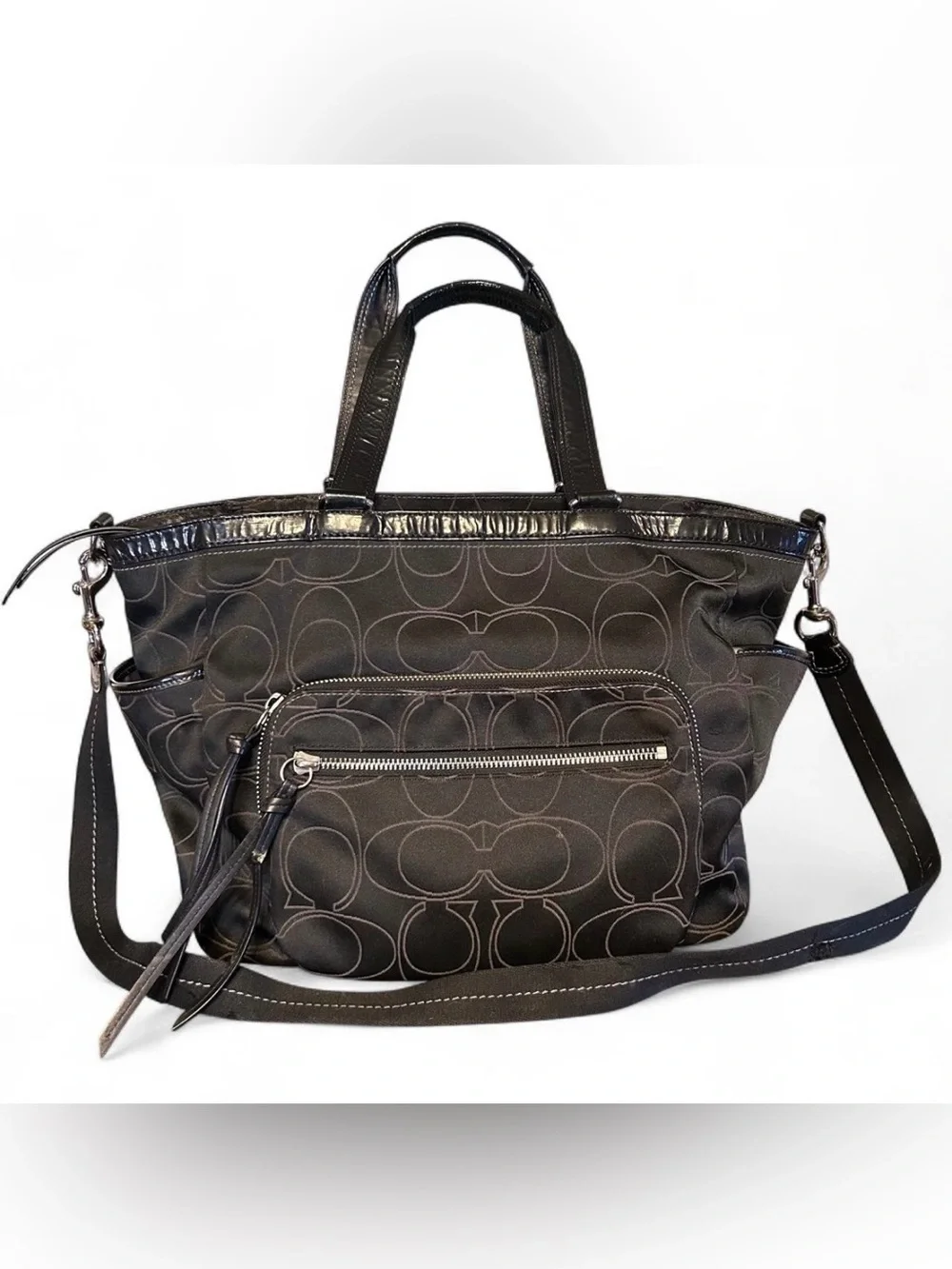 Coach signature black diaper bag baby tote crossbody changing pad F15993